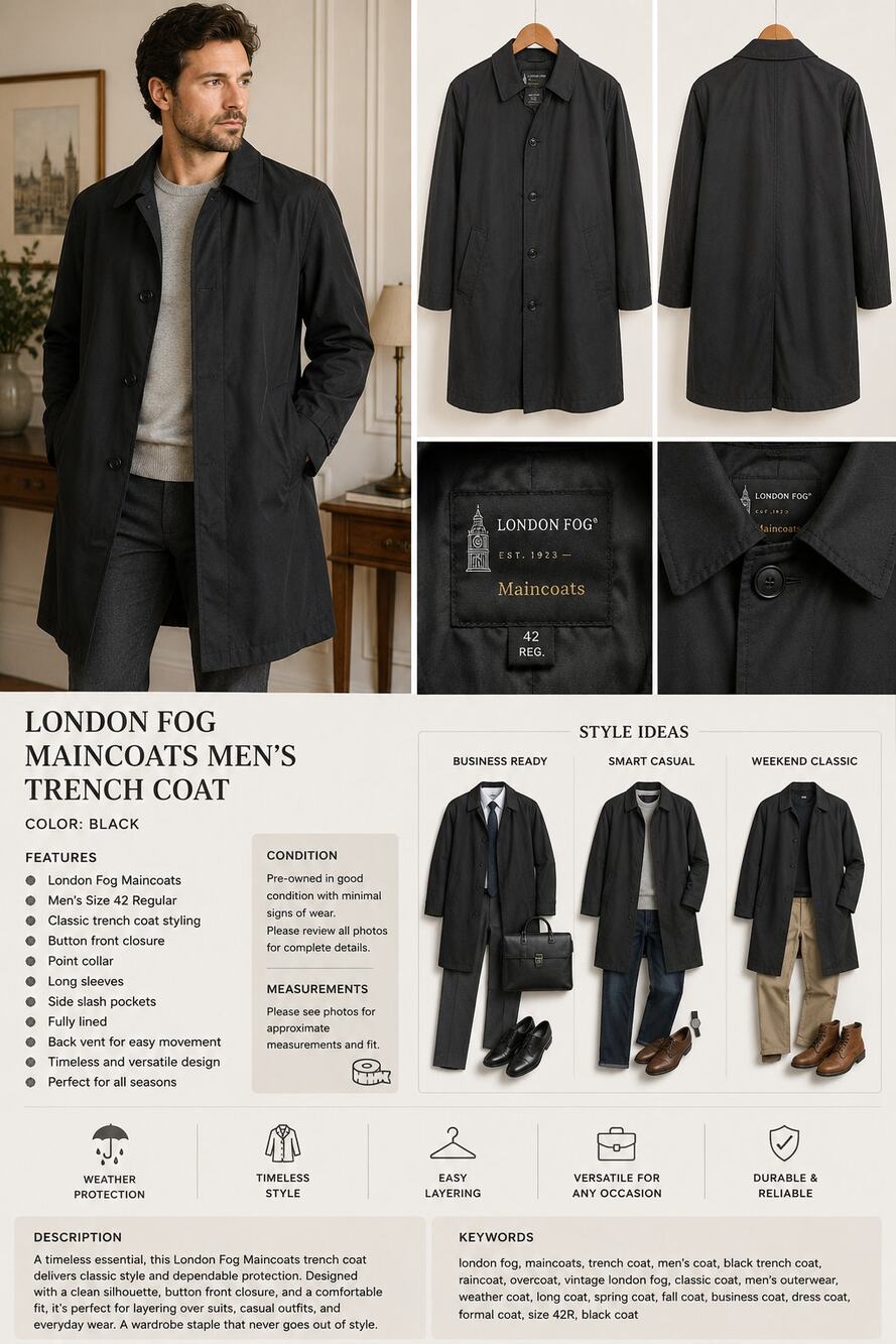London Fog Maincoats Trench Coat Mens Black 48R Classic Raincoat Overcoat
